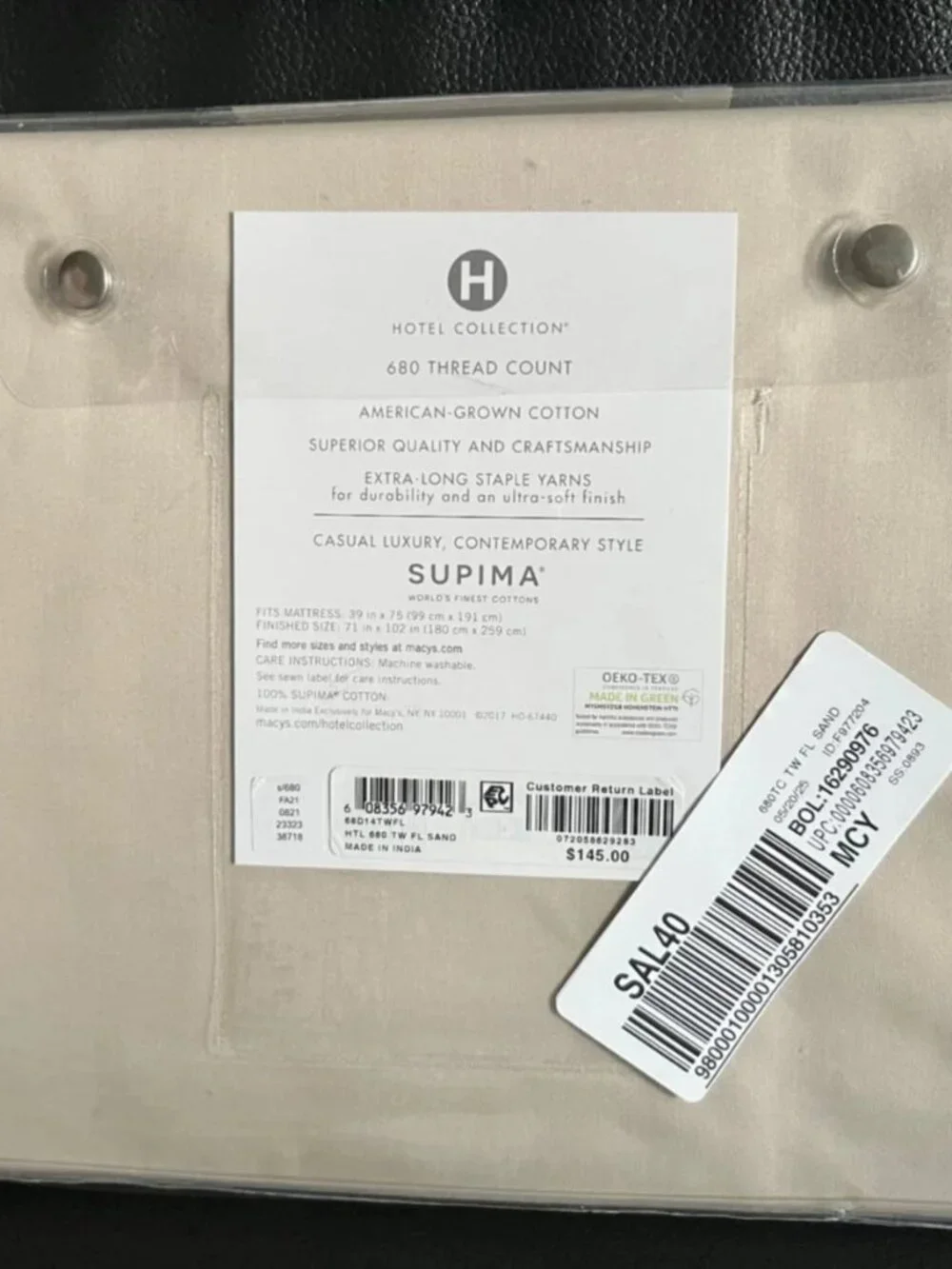 Hotel Collection 680 TC 100% Supima Cotton Twin Flat Sheet Mint
